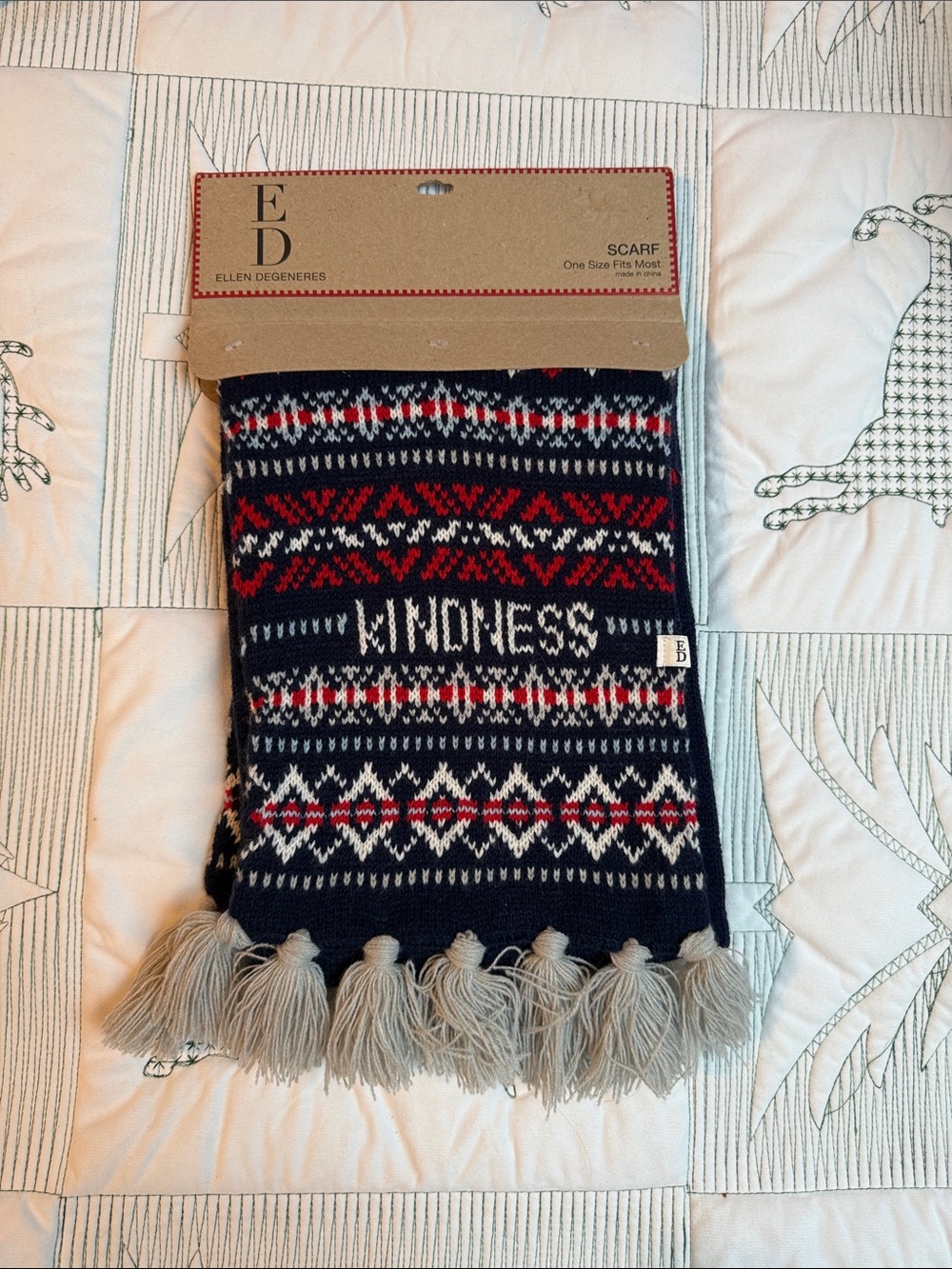Ellen DeGeneres Navy, Red, White, Gray 'KINDNESS' Knit Scarf with Tassels-NWT